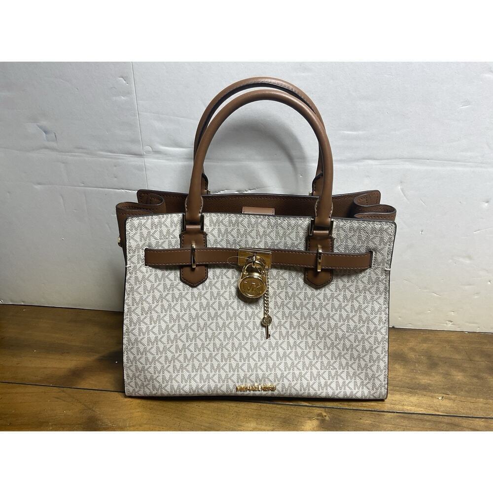 Michael Kors Hamilton Medium Satchel MK Logo Shoulder Strap Handbag (Vanilla)